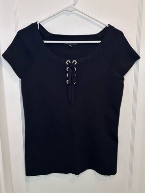 INC International Concepts Black Lace Up Y2K Aesthetic Short Sleeve Top Womens L
